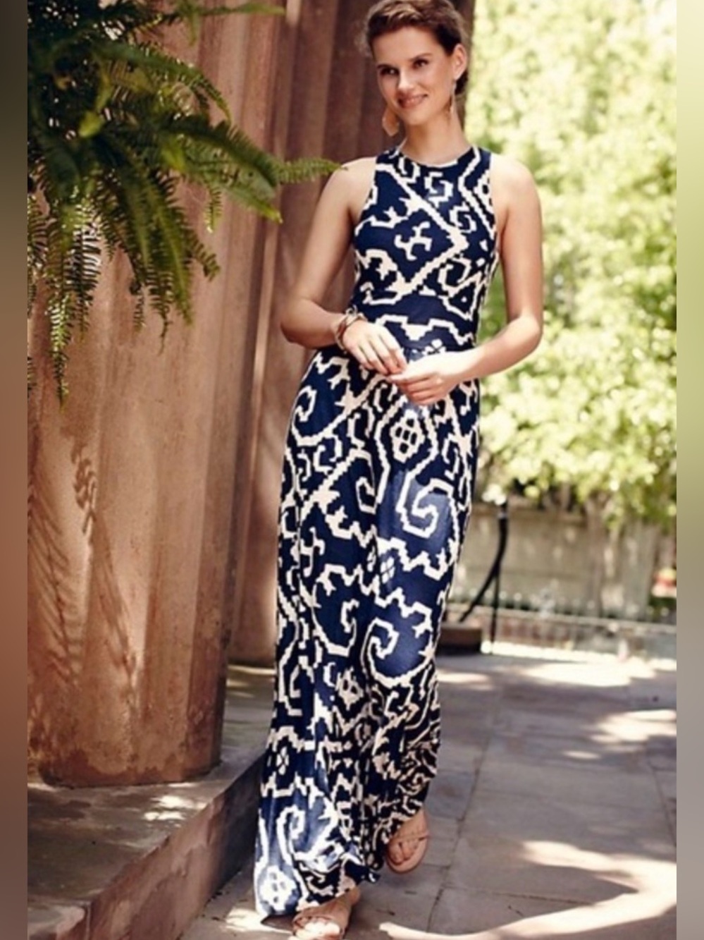 ANTHROPOLOGIE MAEVE Scrollwork Blue White Printed Maxi Dress XS